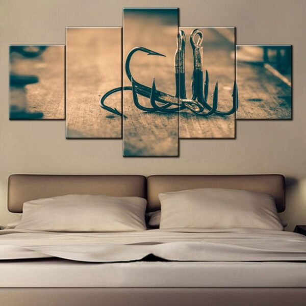 Black Fishing Hooks Picture 5 Panel Canvas Wall Painting - Image 3